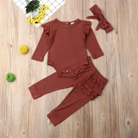 Baby Girl New 18 Months Ruffled Deep Red 3 Piece Pant Romper and Bow Outfit 18M - Picture 2 of 3